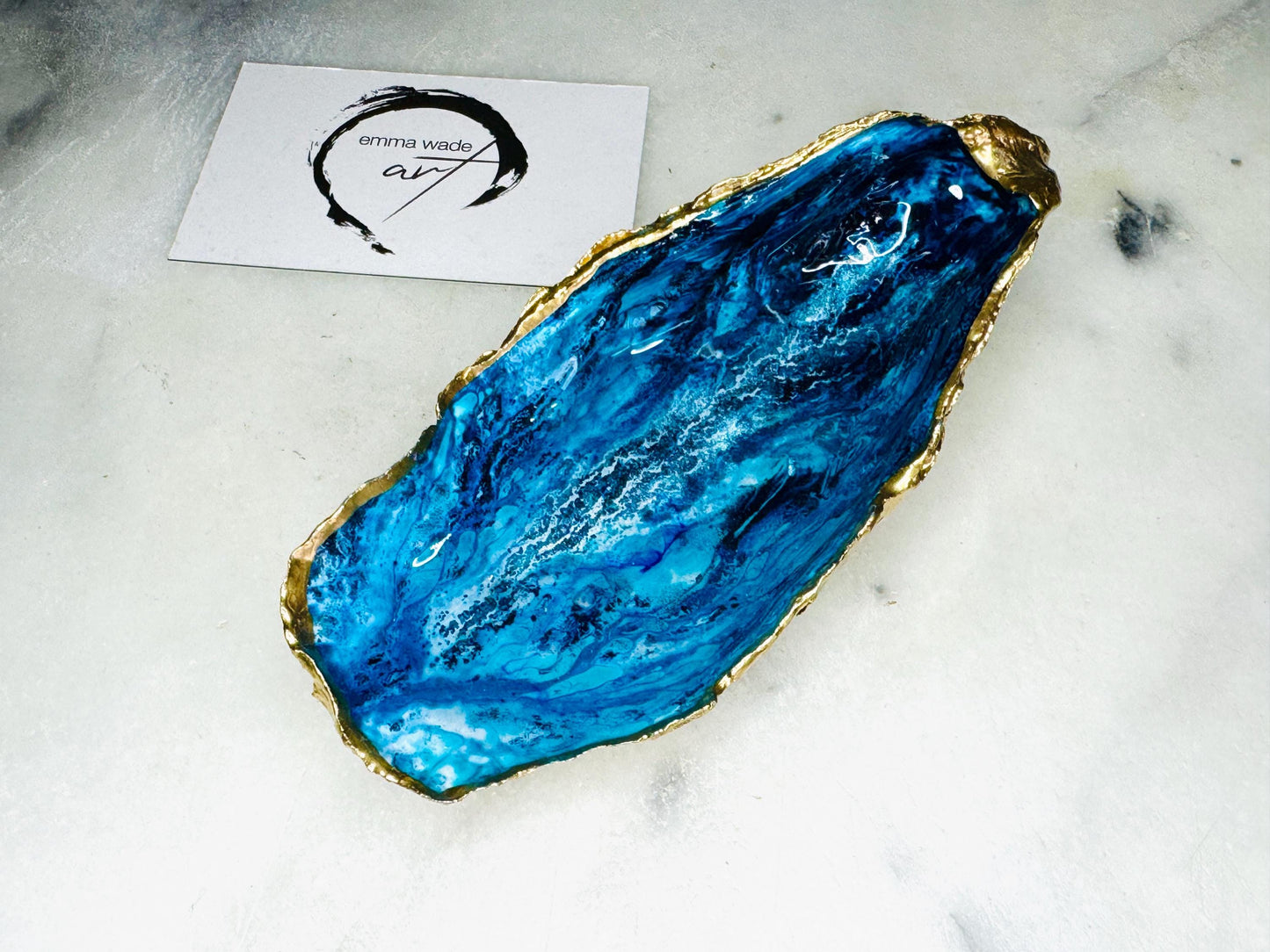 gift for her, blue gold dish, jewellery trinket dish, serving dishes, blue handmade dish, shell ornament, trinket oyster box, salt and pepper dishes, coastal gifts, coastal decor, home decor, blue bowl, shell decor, decorative ornament, Emma Wade ART