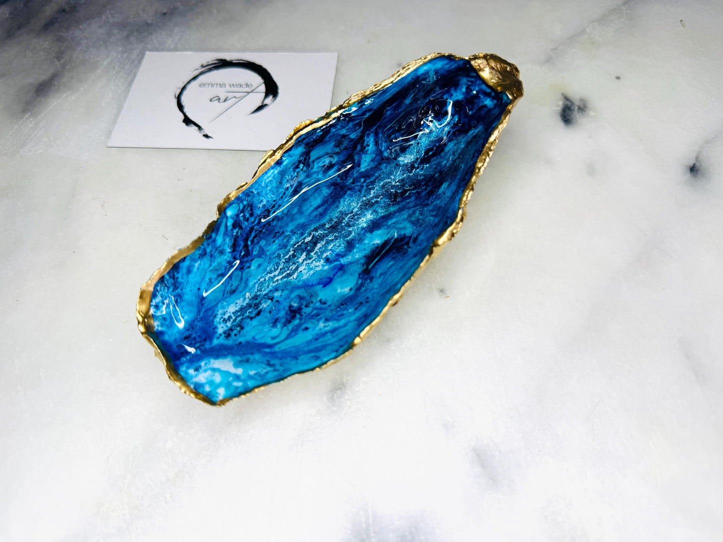 gift for her, blue gold dish, jewellery trinket dish, serving dishes, blue handmade dish, shell ornament, trinket oyster box, salt and pepper dishes, coastal gifts, coastal decor, home decor, blue bowl, shell decor, decorative ornament, Emma Wade ART