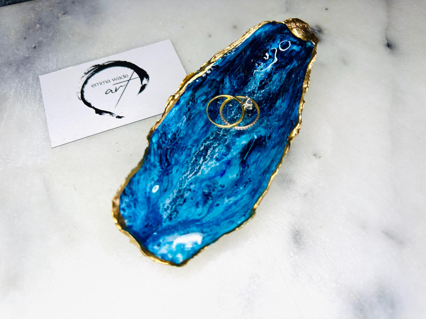 gift for her, blue gold dish, jewellery trinket dish, serving dishes, blue handmade dish, shell ornament, trinket oyster box, salt and pepper dishes, coastal gifts, coastal decor, home decor, blue bowl, shell decor, decorative ornament, Emma Wade ART