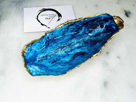 gift for her, blue gold dish, jewellery trinket dish, serving dishes, blue handmade dish, shell ornament, trinket oyster box, salt and pepper dishes, coastal gifts, coastal decor, home decor, blue bowl, shell decor, decorative ornament, Emma Wade ART