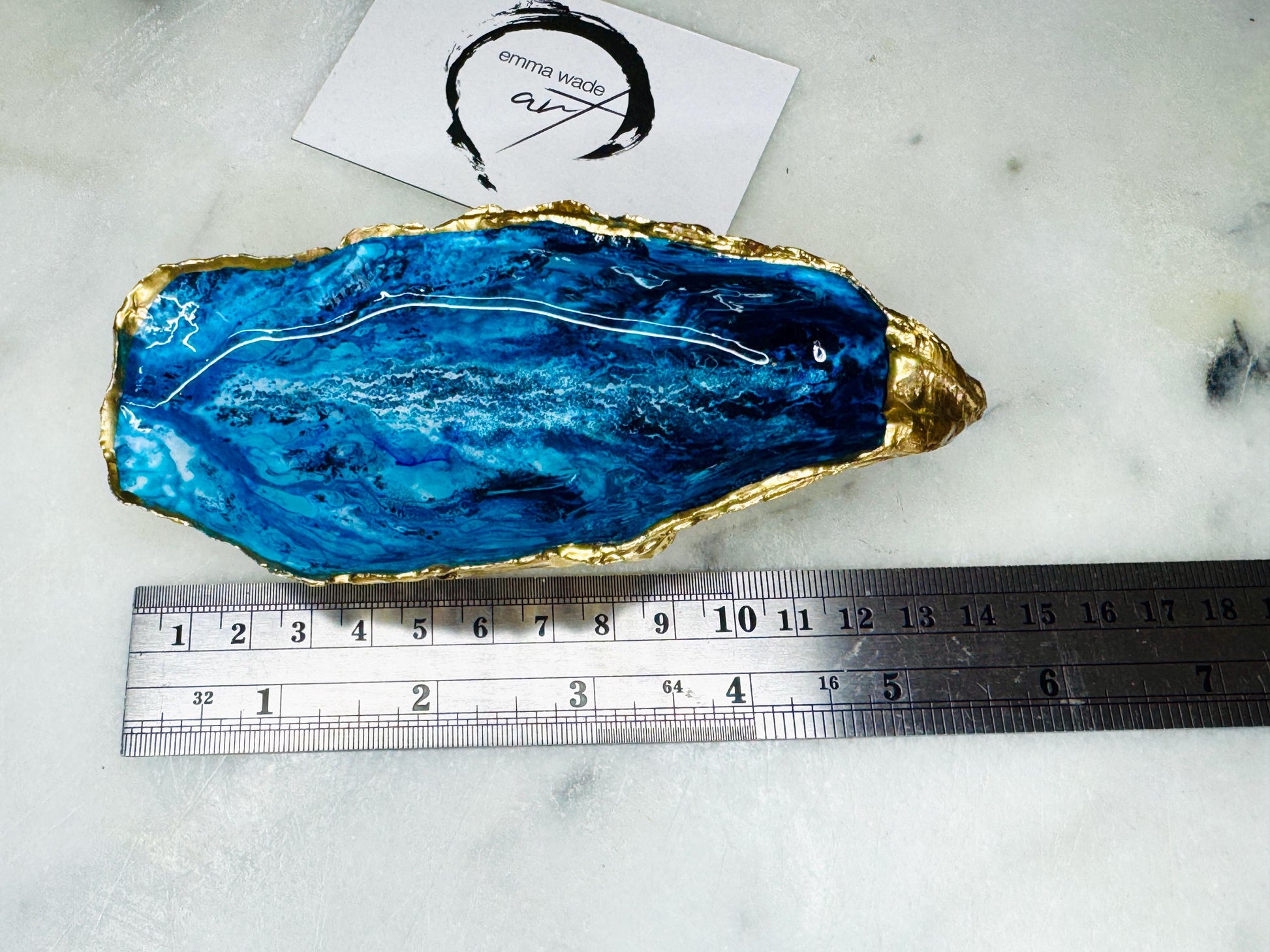 gift for her, blue gold dish, jewellery trinket dish, serving dishes, blue handmade dish, shell ornament, trinket oyster box, salt and pepper dishes, coastal gifts, coastal decor, home decor, blue bowl, shell decor, decorative ornament, Emma Wade ART