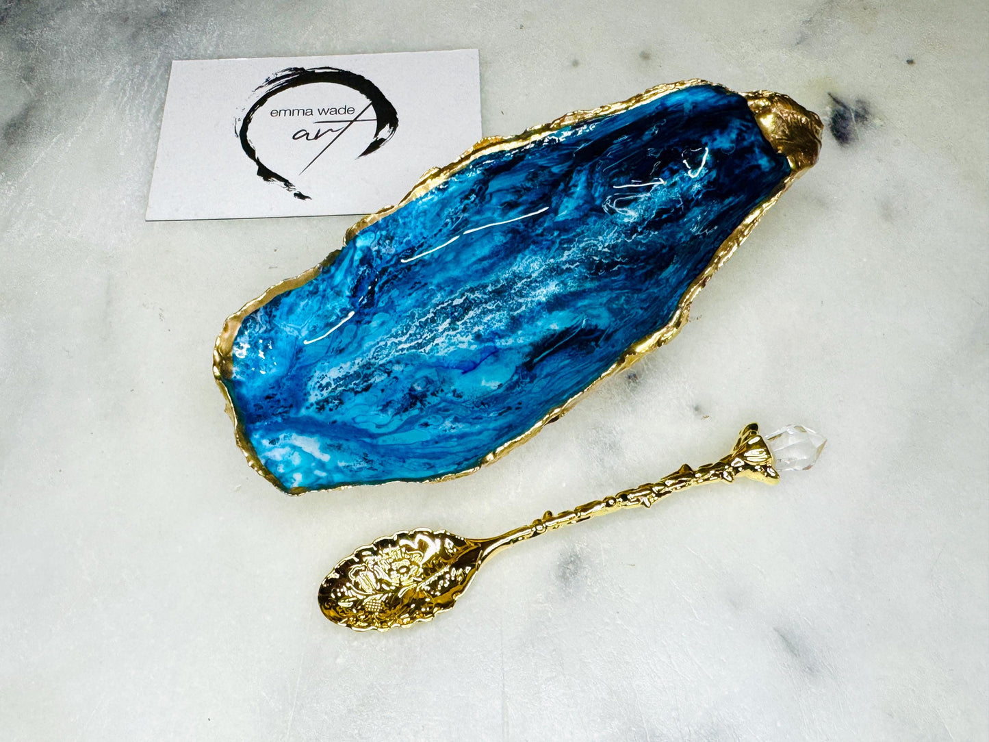 gift for her, blue gold dish, jewellery trinket dish, serving dishes, blue handmade dish, shell ornament, trinket oyster box, salt and pepper dishes, coastal gifts, coastal decor, home decor, blue bowl, shell decor, decorative ornament, Emma Wade ART
