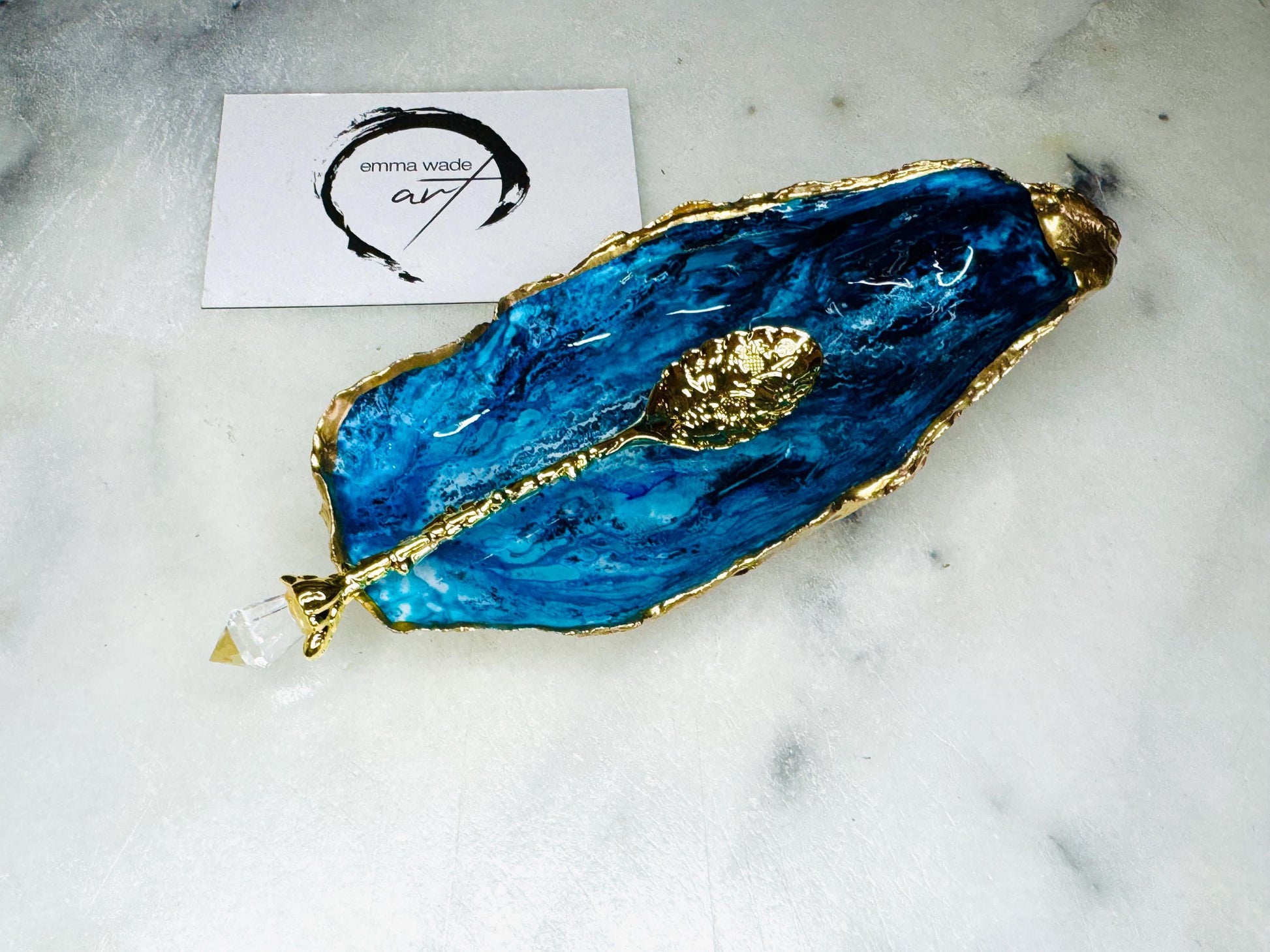 gift for her, blue gold dish, jewellery trinket dish, serving dishes, blue handmade dish, shell ornament, trinket oyster box, salt and pepper dishes, coastal gifts, coastal decor, home decor, blue bowl, shell decor, decorative ornament, Emma Wade ART