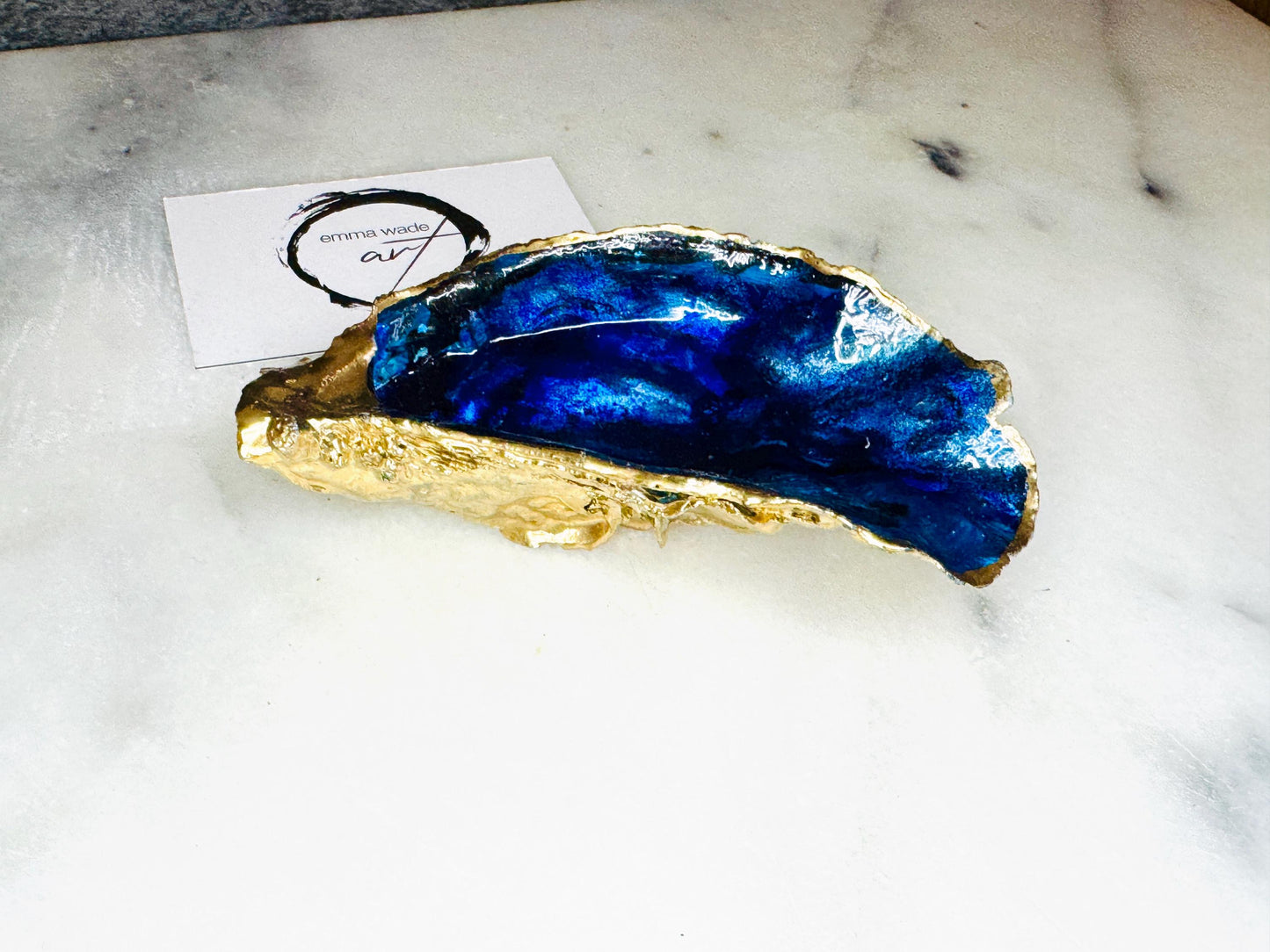 gift for her, blue gold dish, jewellery trinket dish, serving dishes, blue handmade dish, shell ornament, trinket oyster box, salt and pepper dishes, coastal gifts, coastal decor, home decor, blue bowl, shell decor, decorative ornament, Emma Wade ART