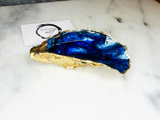 gift for her, blue gold dish, jewellery trinket dish, serving dishes, blue handmade dish, shell ornament, trinket oyster box, salt and pepper dishes, coastal gifts, coastal decor, home decor, blue bowl, shell decor, decorative ornament, Emma Wade ART