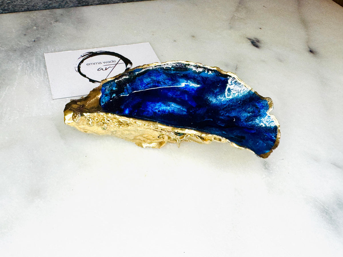 gift for her, blue gold dish, jewellery trinket dish, serving dishes, blue handmade dish, shell ornament, trinket oyster box, salt and pepper dishes, coastal gifts, coastal decor, home decor, blue bowl, shell decor, decorative ornament, Emma Wade ART