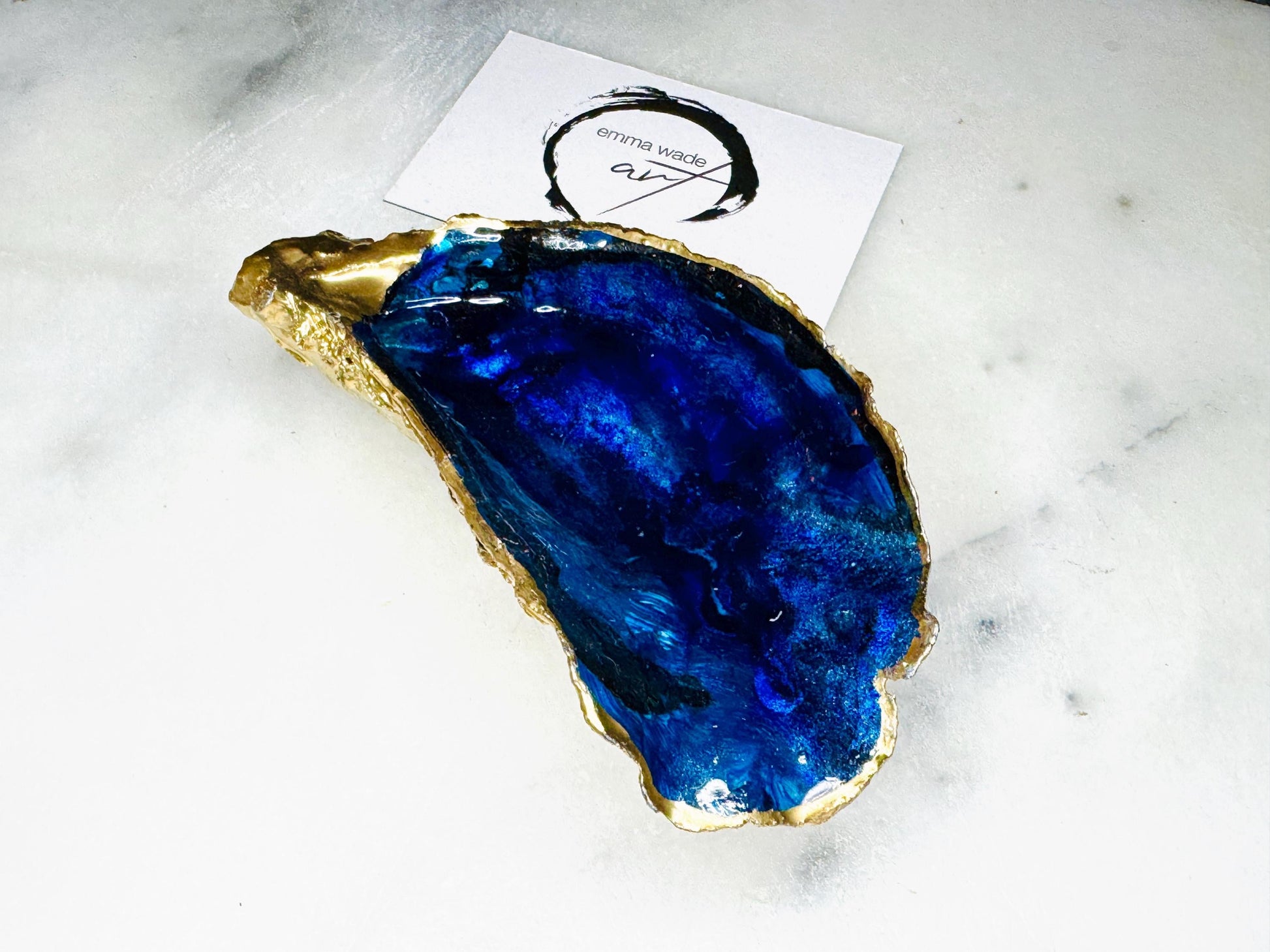 gift for her, blue gold dish, jewellery trinket dish, serving dishes, blue handmade dish, shell ornament, trinket oyster box, salt and pepper dishes, coastal gifts, coastal decor, home decor, blue bowl, shell decor, decorative ornament, Emma Wade ART