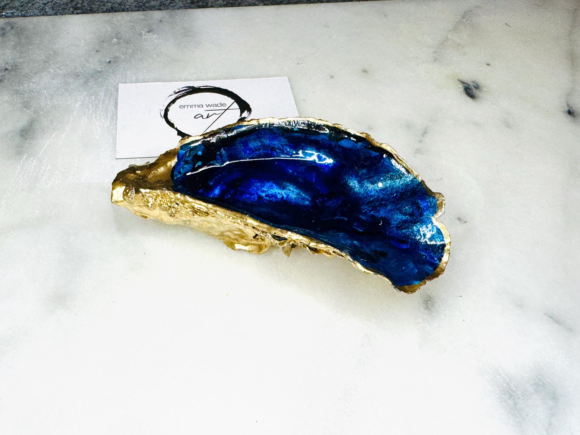 gift for her, blue gold dish, jewellery trinket dish, serving dishes, blue handmade dish, shell ornament, trinket oyster box, salt and pepper dishes, coastal decor, Mothers Day gift, blue bowl, shell decor, decorative ornament, valentines gift