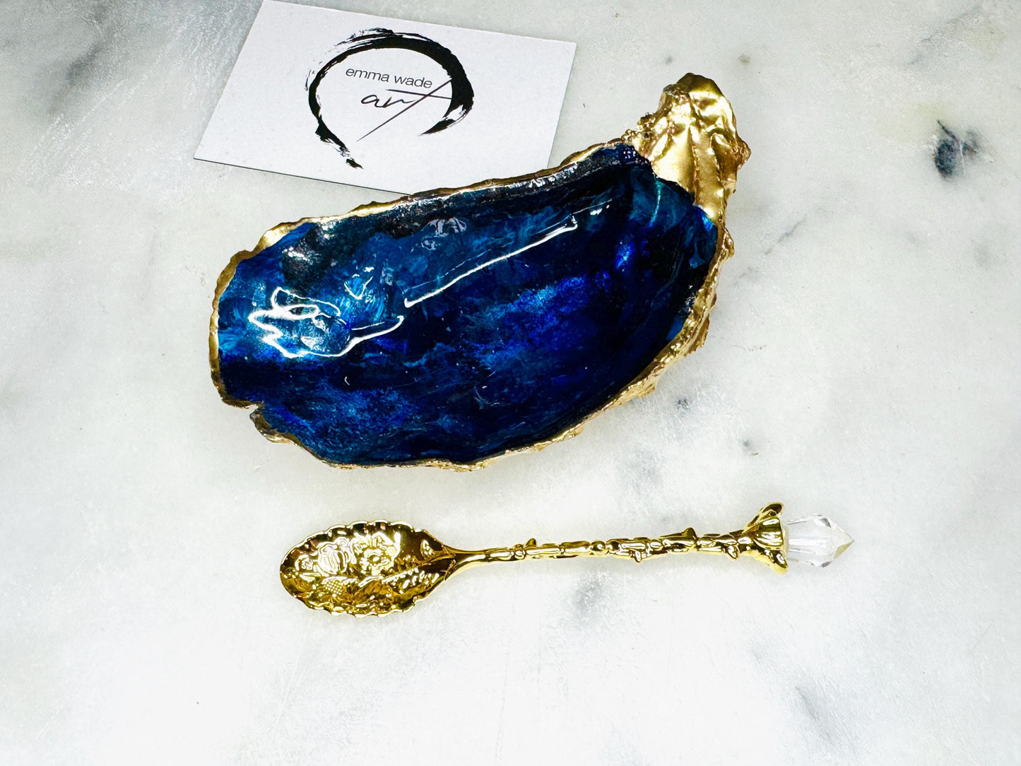 gift for her, blue gold dish, jewellery trinket dish, serving dishes, blue handmade dish, shell ornament, trinket oyster box, salt and pepper dishes, coastal decor, Mothers Day gift, blue bowl, shell decor, decorative ornament, valentines gift