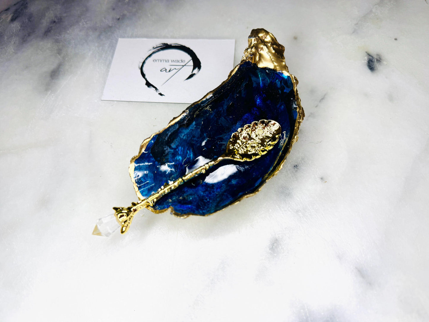 gift for her, blue gold dish, jewellery trinket dish, serving dishes, blue handmade dish, shell ornament, trinket oyster box, salt and pepper dishes, coastal decor, Mothers Day gift, blue bowl, shell decor, decorative ornament, valentines gift