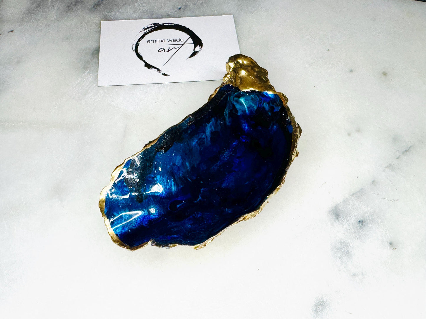 gift for her, blue gold dish, jewellery trinket dish, serving dishes, blue handmade dish, shell ornament, trinket oyster box, salt and pepper dishes, coastal decor, Mothers Day gift, blue bowl, shell decor, decorative ornament, valentines gift