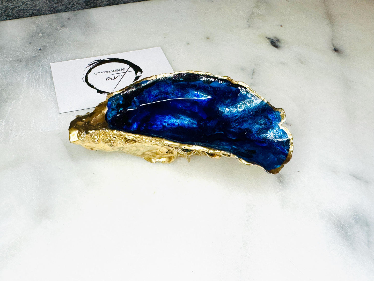 gift for her, blue gold dish, jewellery trinket dish, serving dishes, blue handmade dish, shell ornament, trinket oyster box, salt and pepper dishes, coastal decor, Mothers Day gift, blue bowl, shell decor, decorative ornament, valentines gift