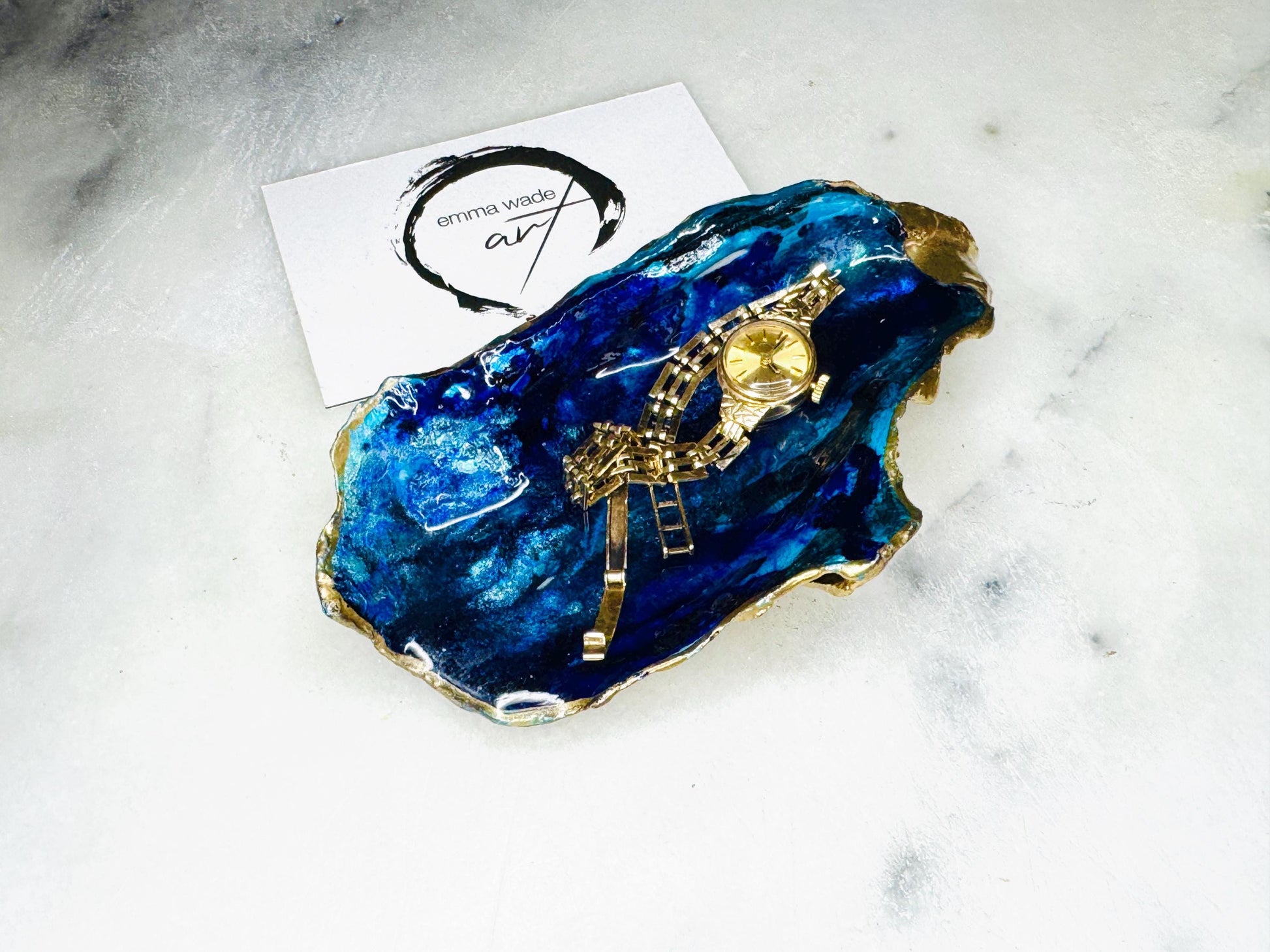 gift for her, blue gold dish, jewellery trinket dish, serving dishes, blue handmade dish, shell ornament, trinket oyster box, salt and pepper dishes, coastal decor, Mothers Day gift, blue bowl, shell decor, decorative ornament, valentines gift
