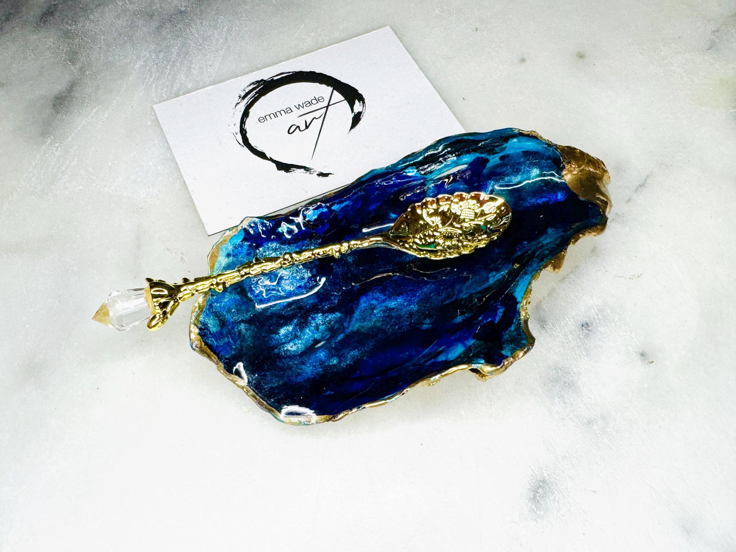 gift for her, blue gold dish, jewellery trinket dish, serving dishes, blue handmade dish, shell ornament, trinket oyster box, salt and pepper dishes, coastal decor, Mothers Day gift, blue bowl, shell decor, decorative ornament, valentines gift