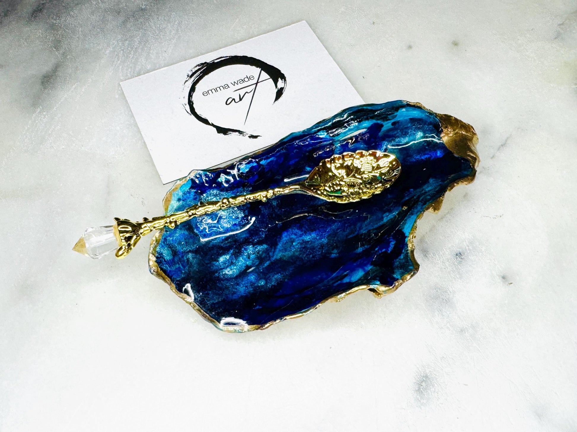 gift for her, blue gold dish, jewellery trinket dish, serving dishes, blue handmade dish, shell ornament, trinket oyster box, salt and pepper dishes, coastal decor, Mothers Day gift, blue bowl, shell decor, decorative ornament, valentines gift