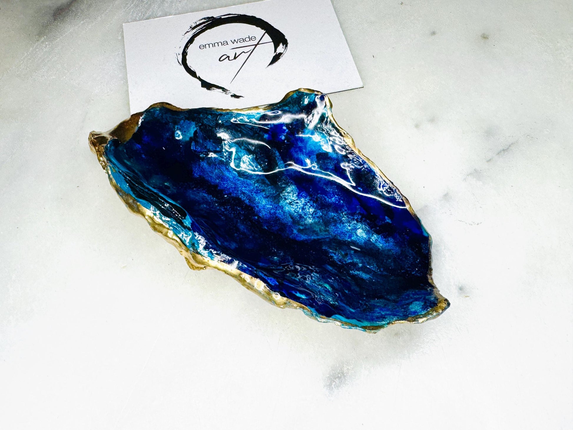 gift for her, blue gold dish, jewellery trinket dish, serving dishes, blue handmade dish, shell ornament, trinket oyster box, salt and pepper dishes, coastal decor, Mothers Day gift, blue bowl, shell decor, decorative ornament, valentines gift