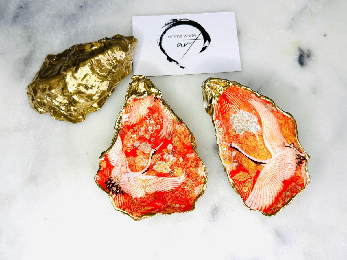 Japanese kimono flamingo oyster shell dish, orange flamingo trinket dish, gold leaf jewellery holder, coastal oyster shell decor, handmade Dorset shell gift, bird lover gift, tropical flamingo ornament, eco friendly shell jewellery tray, coastal wedding favour, beach house decor, unique oyster shell ring dish, flamingo bathroom accessory, nautical oyster trinket dish, Japanese style shell art, Emma Wade Art handmade oyster dish