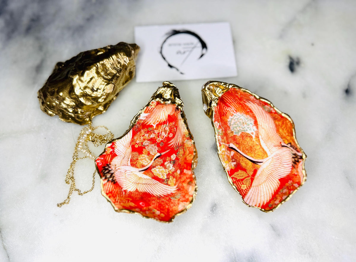 Gift for her, nature lover gift, flamingo gift, trinket oyster dish, coastal decor, coastal gift, shell jewellery dish, Emmawadeart, bird gift, gift for him, Wedding gift idea, decoupage oyster dish, wedding favours, gardeners gift, Japanese gift