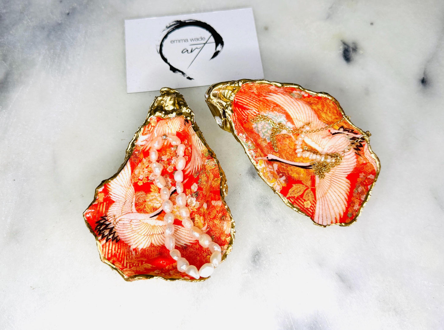 Gift for her, nature lover gift, flamingo gift, trinket oyster dish, coastal decor, coastal gift, shell jewellery dish, Emmawadeart, bird gift, gift for him, Wedding gift idea, decoupage oyster dish, wedding favours, gardeners gift, Japanese gift