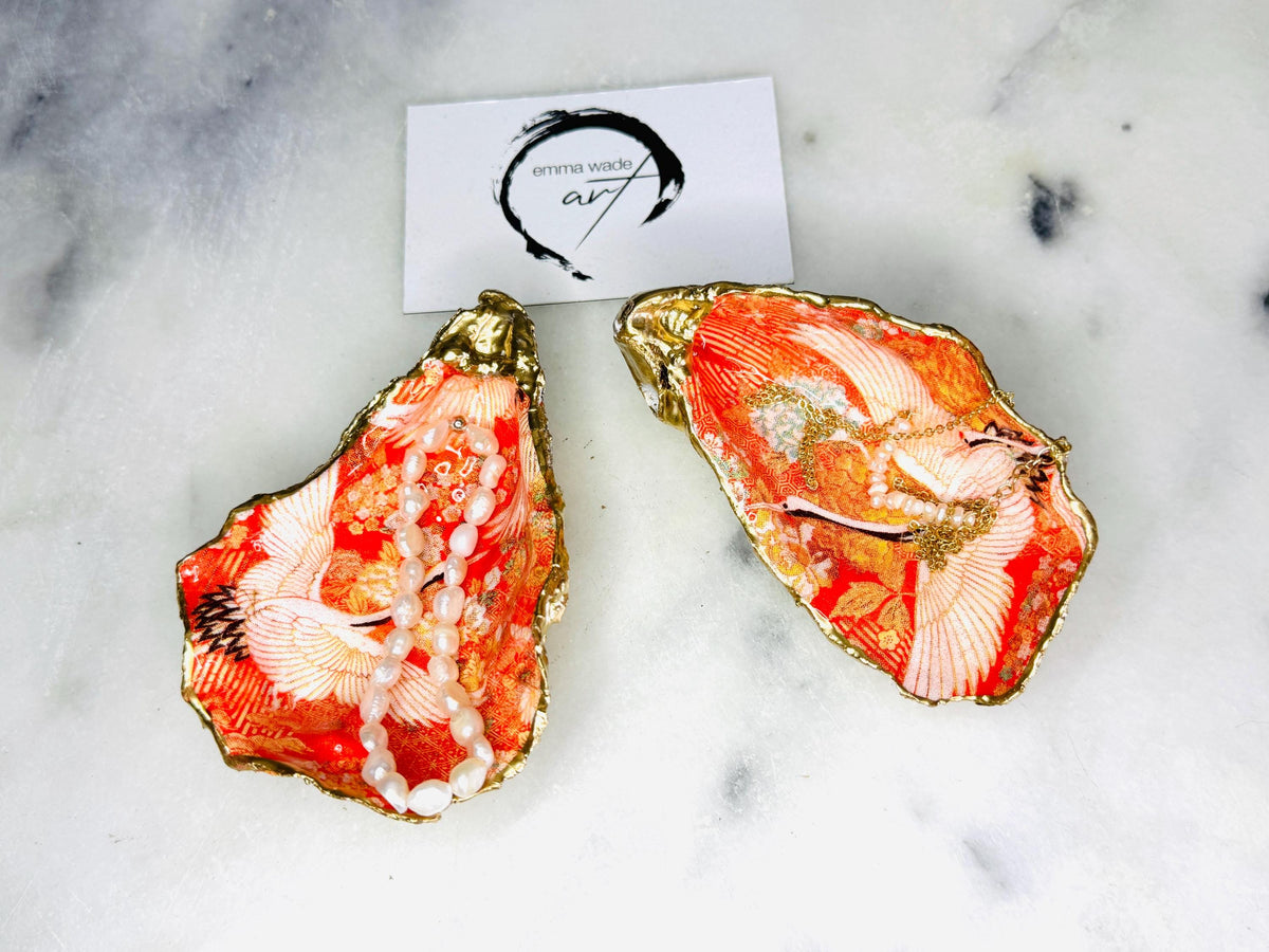 Japanese kimono flamingo oyster shell dish, orange flamingo trinket dish, gold leaf jewellery holder, coastal oyster shell decor, handmade Dorset shell gift, bird lover gift, tropical flamingo ornament, eco friendly shell jewellery tray, coastal wedding favour, beach house decor, unique oyster shell ring dish, flamingo bathroom accessory, nautical oyster trinket dish, Japanese style shell art, Emma Wade Art handmade oyster dish