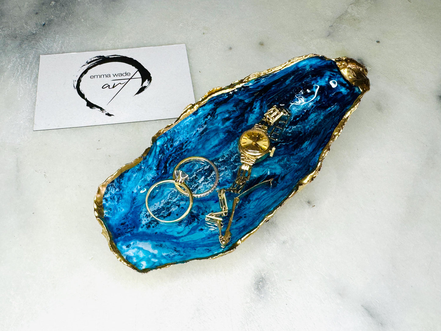 gift for her, blue gold dish, jewellery trinket dish, serving dishes, blue handmade dish, shell ornament, trinket oyster box, salt and pepper dishes, coastal gifts, coastal decor, home decor, blue bowl, shell decor, decorative ornament, Emma Wade ART