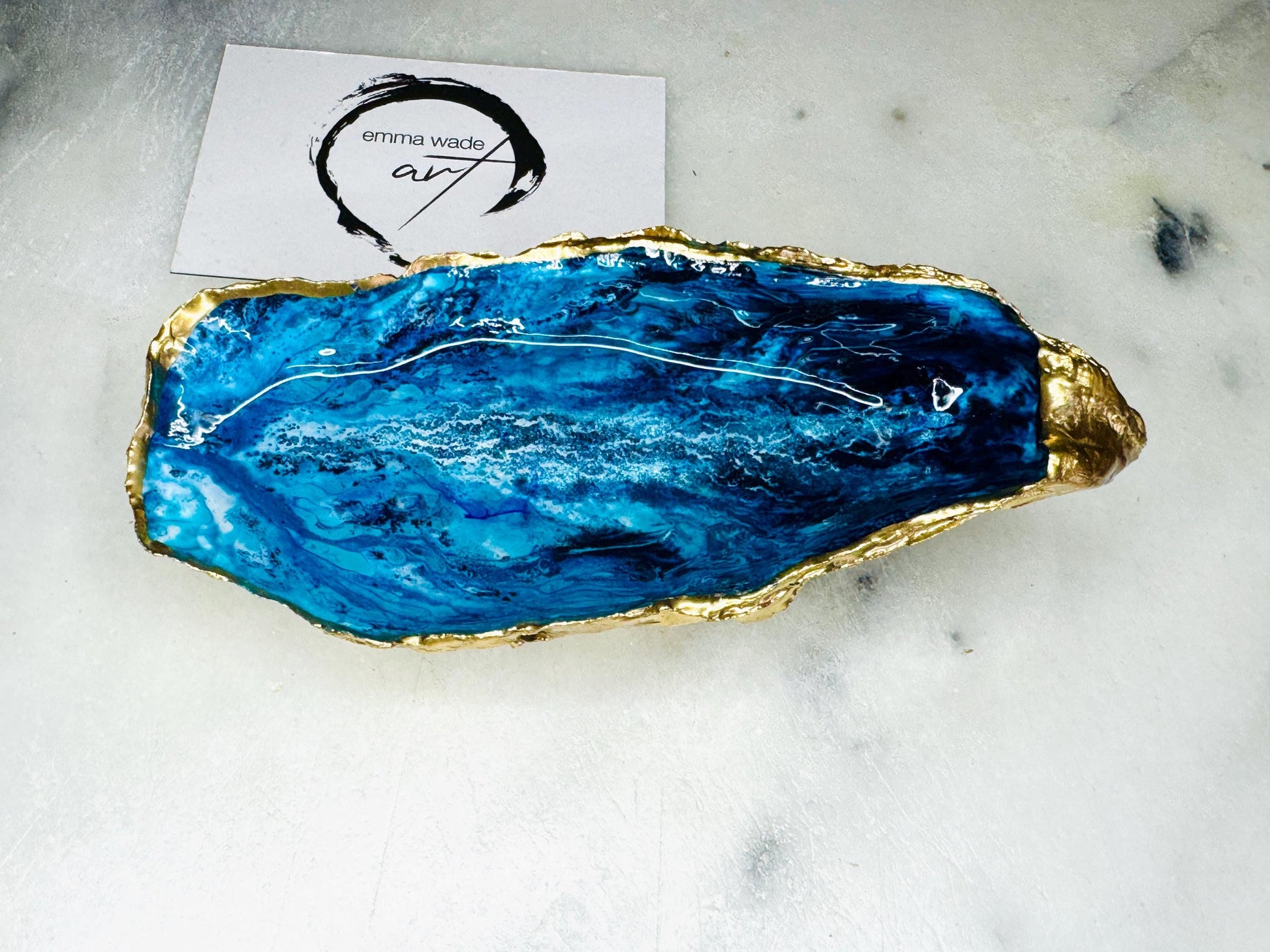 gift for her, blue gold dish, jewellery trinket dish, serving dishes, blue handmade dish, shell ornament, trinket oyster box, salt and pepper dishes, coastal gifts, coastal decor, home decor, blue bowl, shell decor, decorative ornament, Emma Wade ART