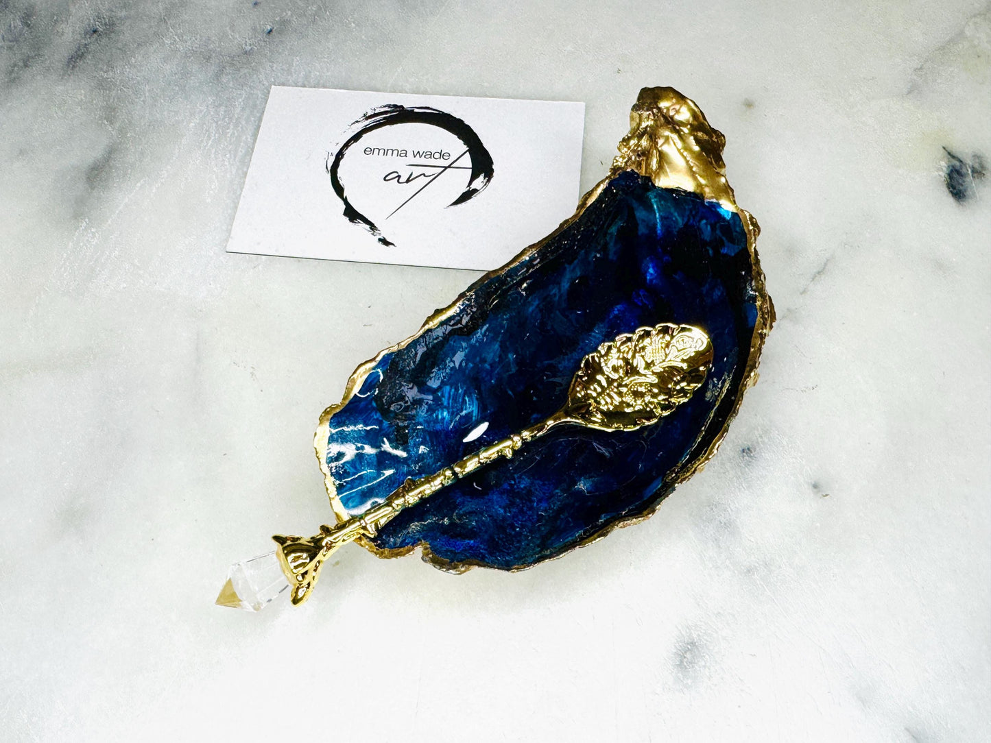 gift for her, blue gold dish, jewellery trinket dish, serving dishes, blue handmade dish, shell ornament, trinket oyster box, salt and pepper dishes, coastal decor, Mothers Day gift, blue bowl, shell decor, decorative ornament, valentines gift