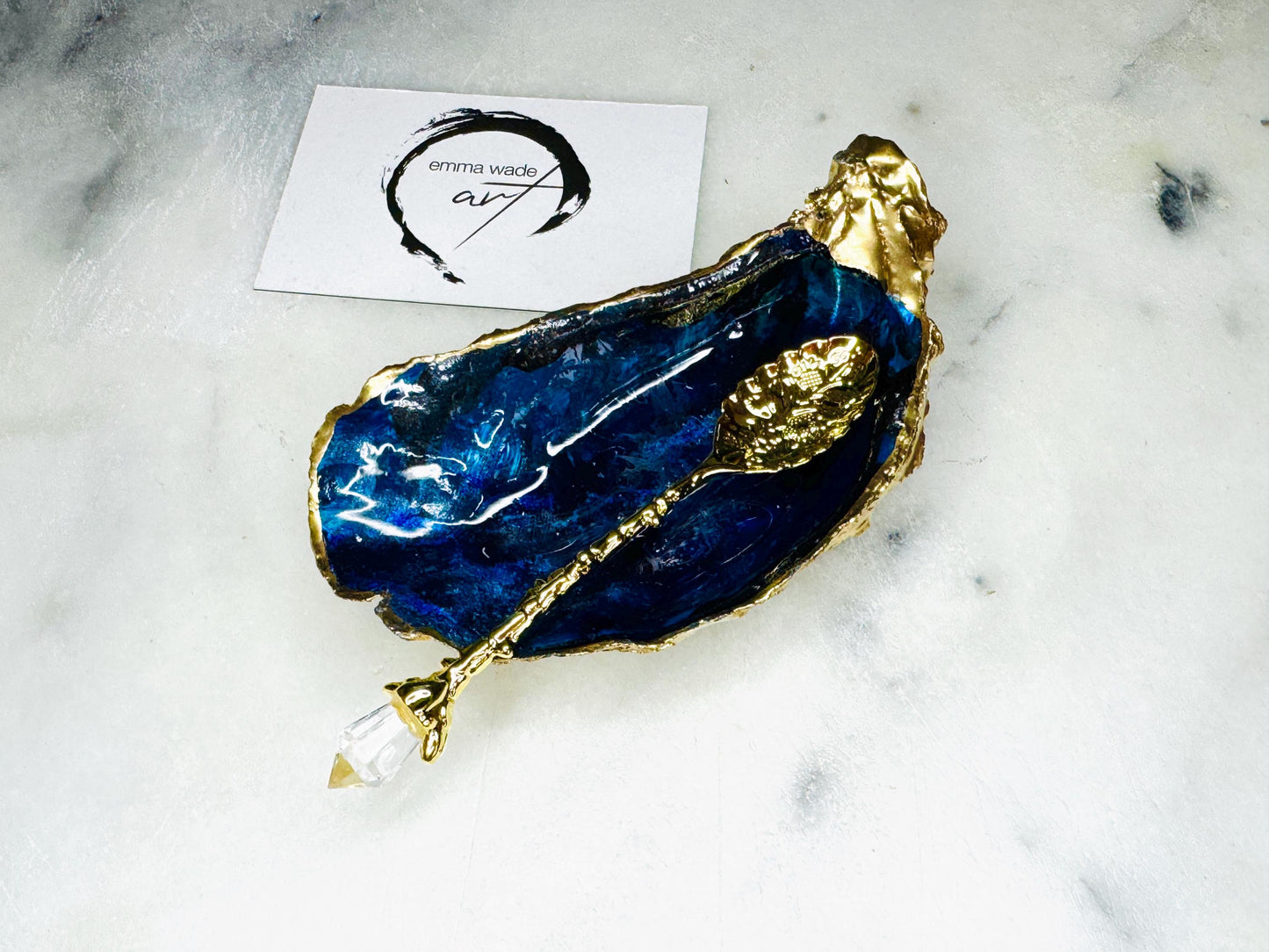 gift for her, blue gold dish, jewellery trinket dish, serving dishes, blue handmade dish, shell ornament, trinket oyster box, salt and pepper dishes, coastal decor, Mothers Day gift, blue bowl, shell decor, decorative ornament, valentines gift