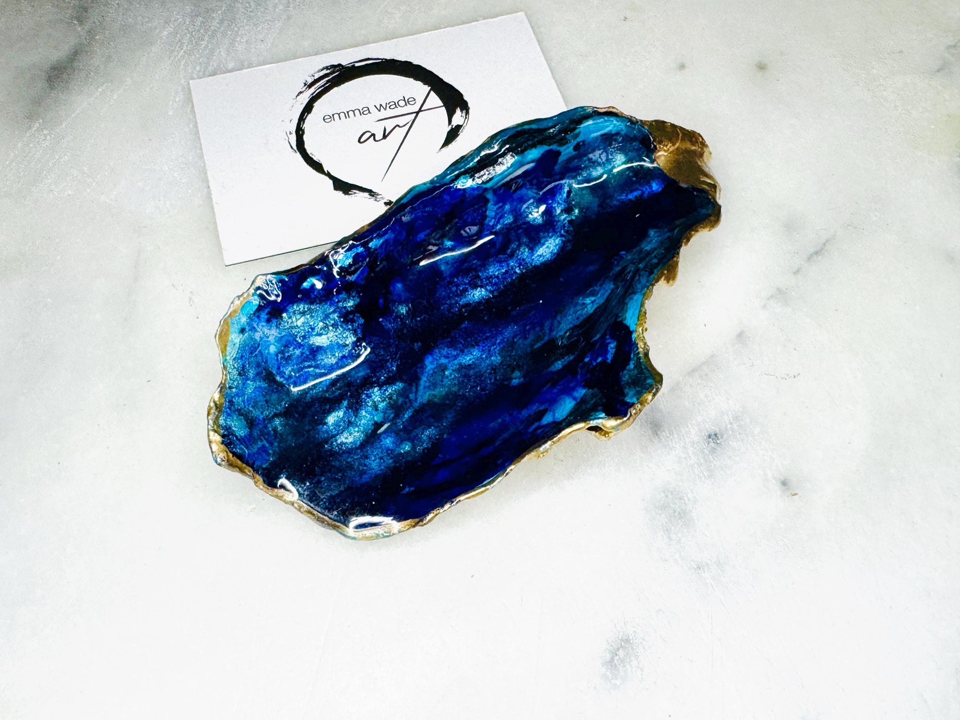 gift for her, blue gold dish, jewellery trinket dish, serving dishes, blue handmade dish, shell ornament, trinket oyster box, salt and pepper dishes, coastal decor, Mothers Day gift, blue bowl, shell decor, decorative ornament, valentines gift