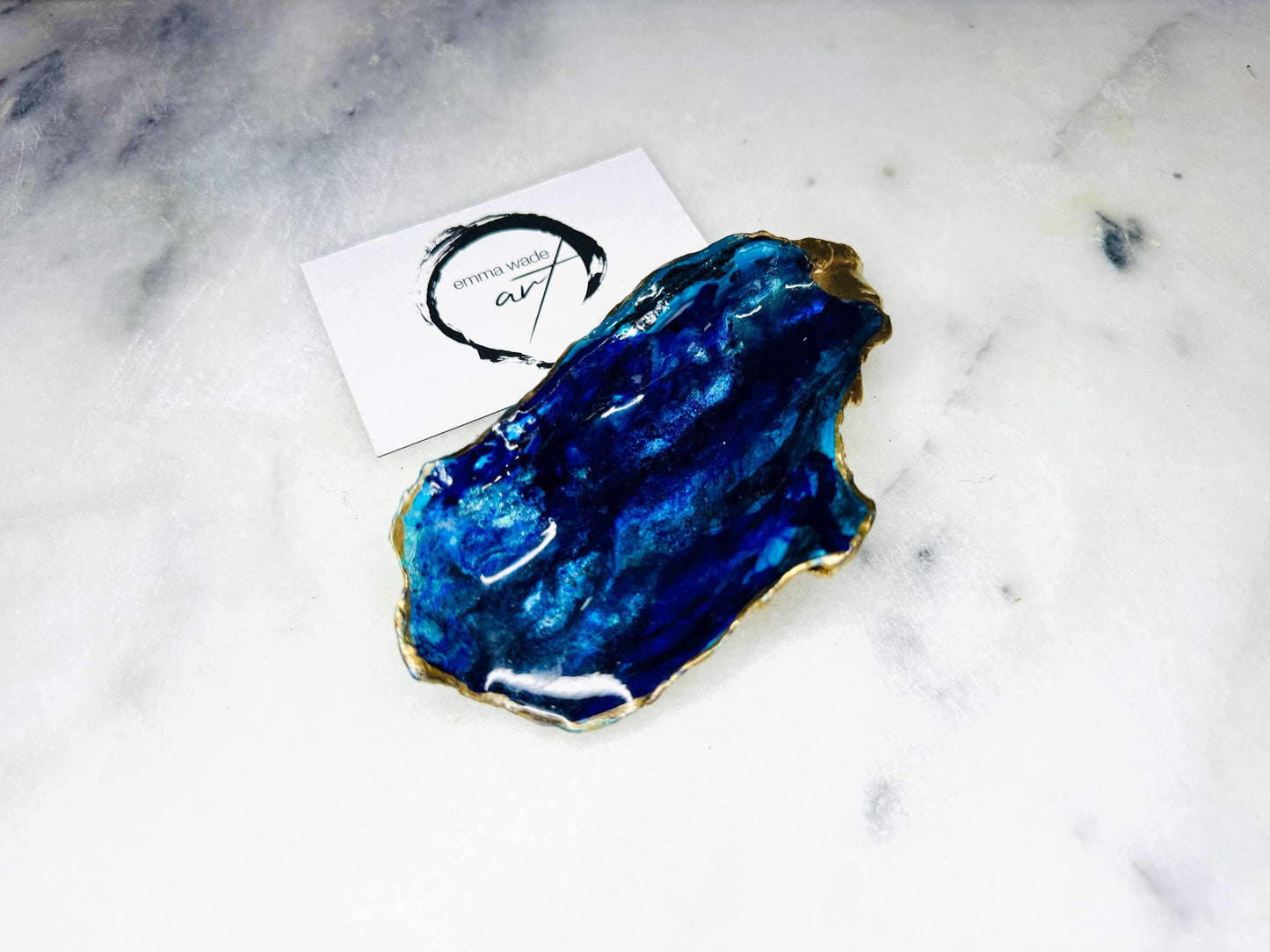 gift for her, blue gold dish, jewellery trinket dish, serving dishes, blue handmade dish, shell ornament, trinket oyster box, salt and pepper dishes, coastal decor, Mothers Day gift, blue bowl, shell decor, decorative ornament, valentines gift