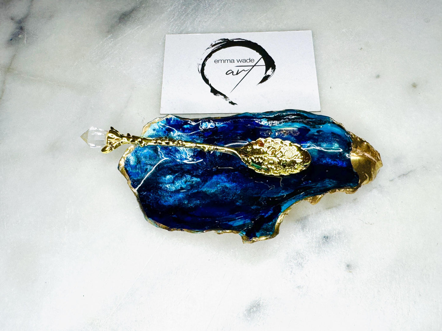 gift for her, blue gold dish, jewellery trinket dish, serving dishes, blue handmade dish, shell ornament, trinket oyster box, salt and pepper dishes, coastal decor, Mothers Day gift, blue bowl, shell decor, decorative ornament, valentines gift