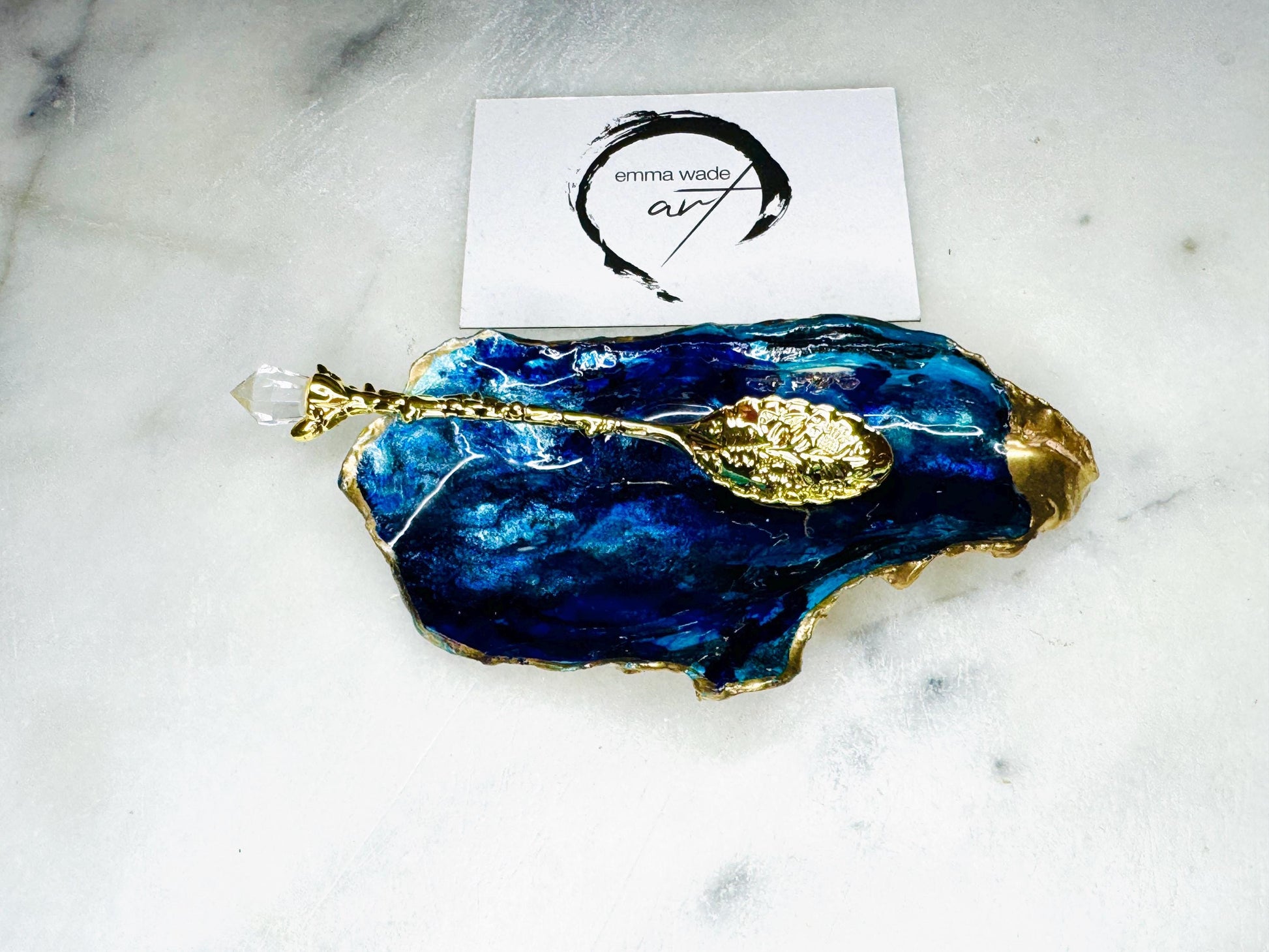 gift for her, blue gold dish, jewellery trinket dish, serving dishes, blue handmade dish, shell ornament, trinket oyster box, salt and pepper dishes, coastal decor, Mothers Day gift, blue bowl, shell decor, decorative ornament, valentines gift