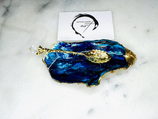 gift for her, blue gold dish, jewellery trinket dish, serving dishes, blue handmade dish, shell ornament, trinket oyster box, salt and pepper dishes, coastal decor, Mothers Day gift, blue bowl, shell decor, decorative ornament, valentines gift