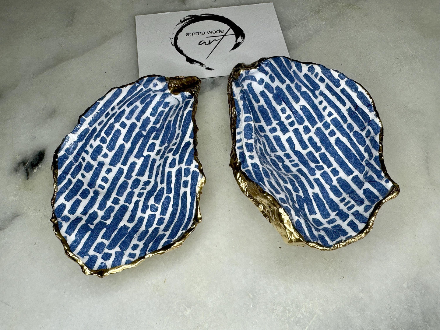 Original Handmade Natural Oyster Shell Trinket Dish: Blue Lines, Gilded Gold Leaf Ring Dish, Host Gift