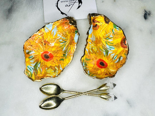 gift for her, oyster pinch pots, kitchen decor, cooks gift, serving dish, handmade gift, Van Gogh Sunflowers, salt and pepper oyster dishes, coastal gifts, dining decor, wedding gift idea, spice pots, wedding gift, Mother’s Day gift, Van Gogh Gift