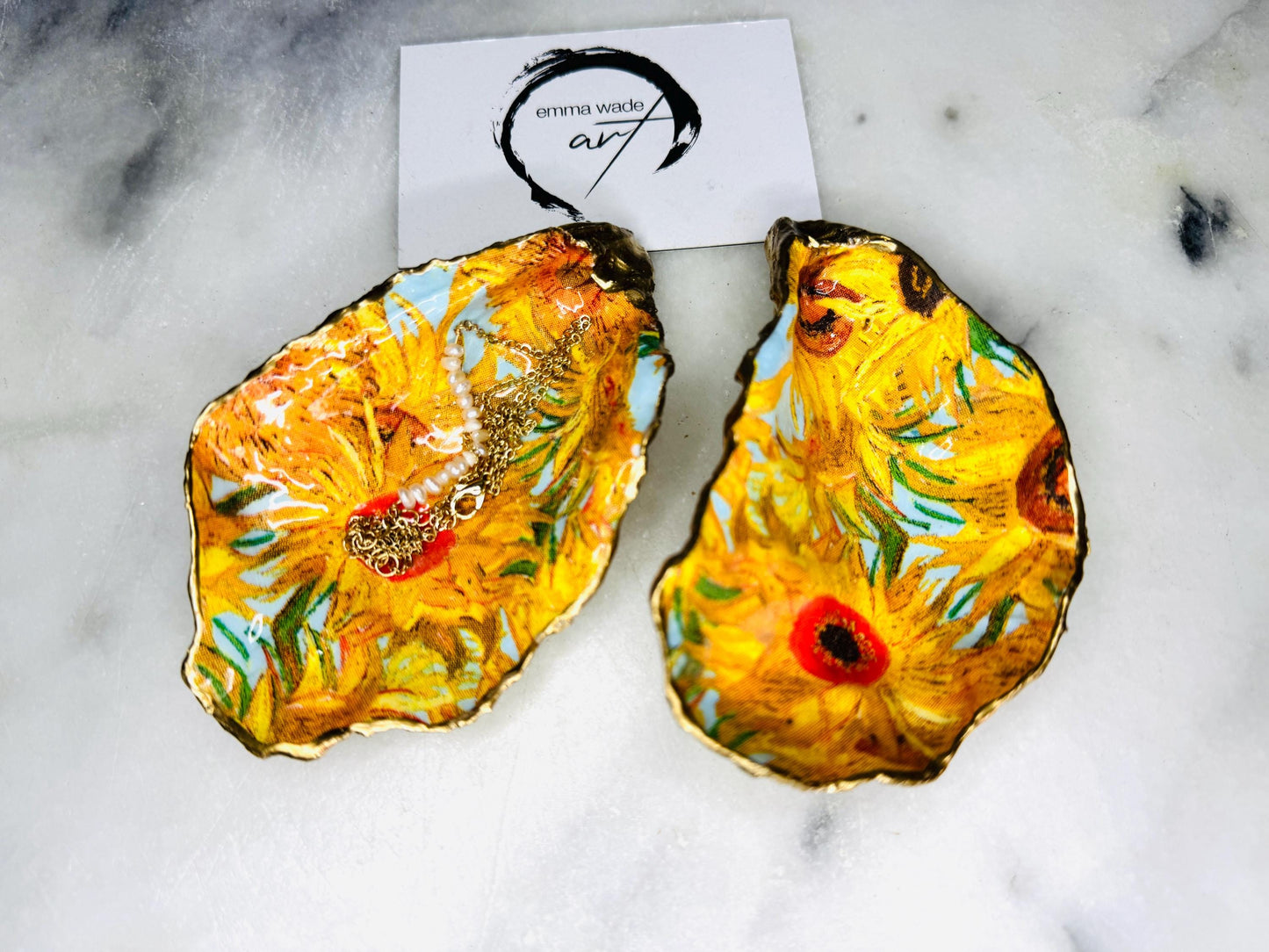 Van Gogh Sunflowers Dorset Natural Oyster Shell Trinket Dish, Hand Gilded Gold Leaf Ring Holder, Coastal Gift