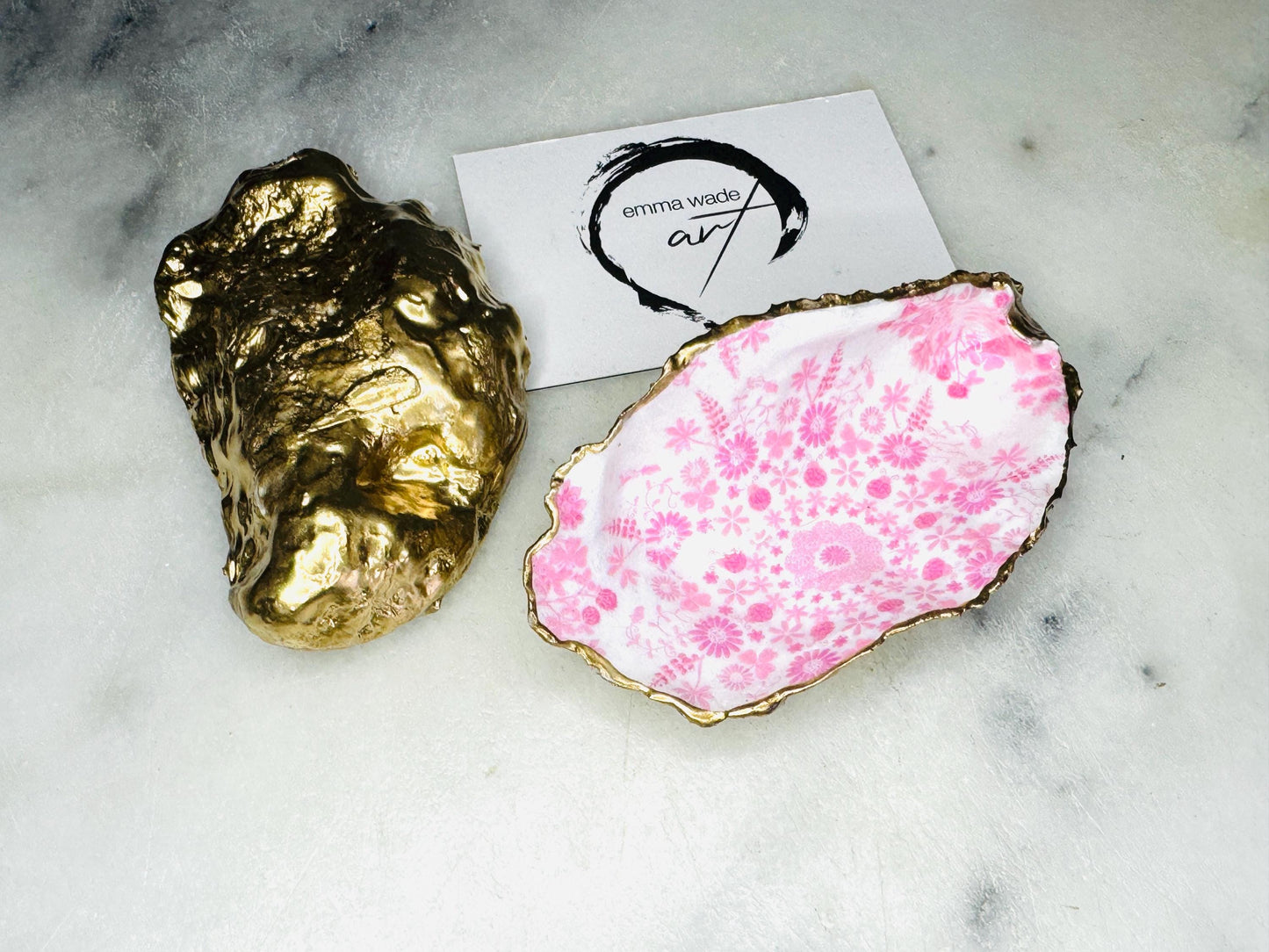 Hand-Gilded Pink Floral Oyster Shell Trinket Dish: Pink Lily Ring Tray, Rose Gift