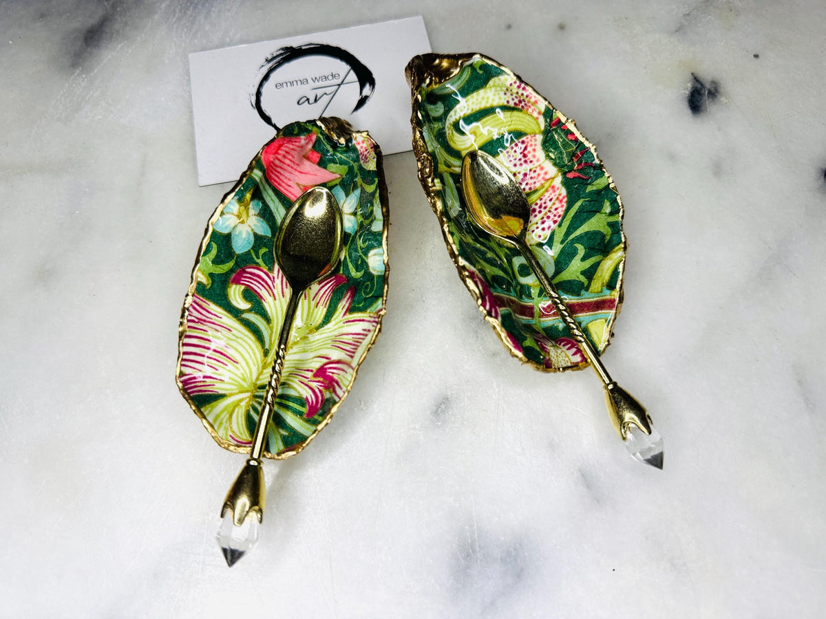 William Morris oyster shell cruet set, Green Pimpernel Dorset salt and pepper dishes, handmade oyster shell salt gift, gold leaf gilded oyster shell pinch pots, coastal oyster shell kitchen decor, oyster shell salt cellar wedding favour, unique anniversary salt gift UK, eco friendly oyster shell tableware, William Morris inspired oyster shell ornament, luxury coastal dinner party gift, handmade Dorset oyster shell art, sustainable oyster shell salt dish set