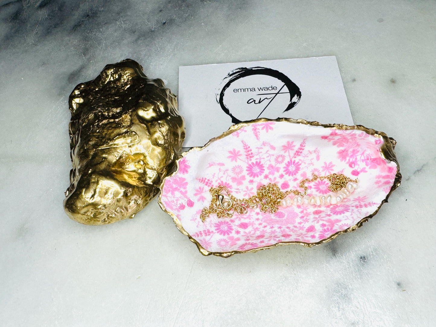 Hand-Gilded Pink Floral Oyster Shell Trinket Dish: Pink Lily Ring Tray, Rose Gift