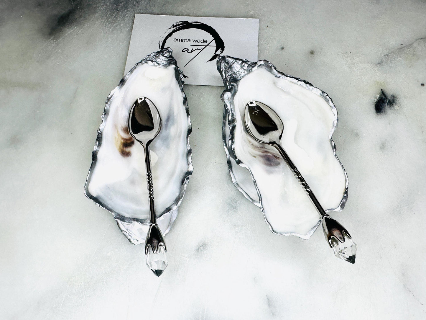 gift for her, dining decor, silver handmade dish, silver shell dishes, salt dishes, salt and pepper pots, spice pots, coastal gifts, home decor, wedding favours, bridesmaid gift, pearl anniversary, shell decor, decorative accessories, EmmaWadeART, coastal decor, silver oyster tray, silver leaf oyster, oyster dishes, pearl oyster gift, kitchen decor, oyster pinch pots, gift for mum, handmade shell dishes, oyster serving dishes, silver leaf oyster, oyster art, gift for him, chefs gift, table decor
