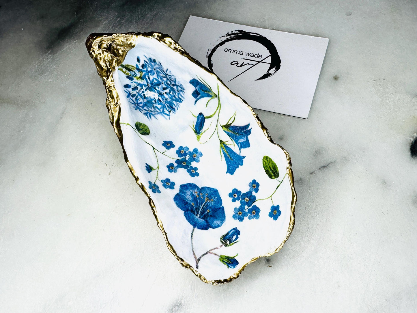Blue Spring Floral Oyster Trinket Dish, Gold Leaf Shell Ring Holder, Bluebell Jewellery Dish, Coastal Floral Decor