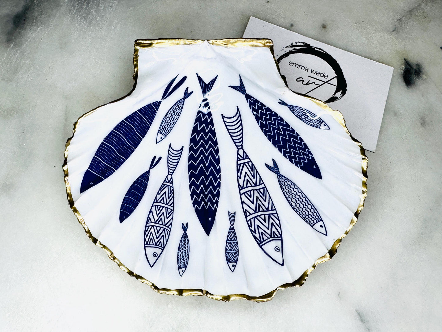 Blue Fish Scallop Shell Trinket Dish | Gold Leaf Ocean Decor | Coastal Jewellery Dish | Handmade Dorset Shell Art