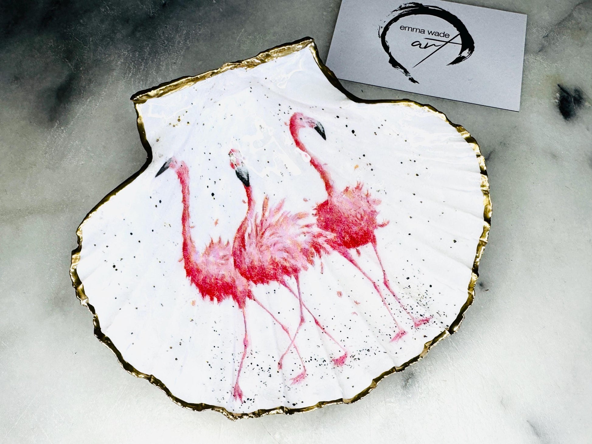 pink flamingo gift, Flamingo art, Decoupage scallop, shell trinket dish, jewellery shell dish, gift for her, ring carrier dish, coastal decor, shell Decor, pink bird dish, nature lover gift, coastal gift, gift for her, decorated dish, jewelry trinket dish, decoupage scallop shell, coastal decor by EmmaWadeART, ocean jewelry dish, ocean decor, shell trinket tray, scallop trinket tray, shell art, handmade trinket dish, gold gilded dish, proposal dish, ring dish display, ring bearer dish