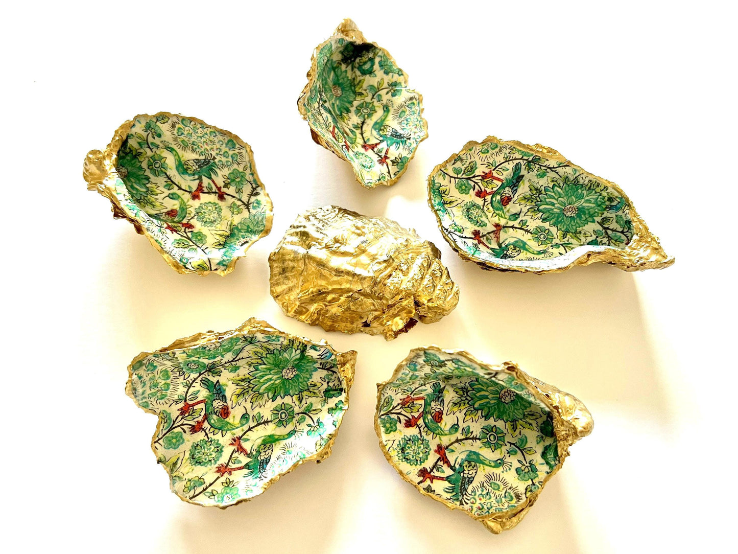 Hand Gilded Peacock Oyster Shell Trinket Dish: Dorset Coastal Decor, Dorset Shell Ring Holder, Bird lover gift
