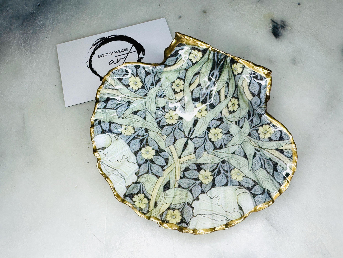 gift for her, decorated dish, jewelry trinket dish, decoupage scallop shell, handmade shell dish, shell ornament, coastal ornament, coastal gifts, coastal art, home decor, shell decorations, coastal decor, pimpernel scallop dish, gift for him, William Morris shell dish, shell trinket tray, scallop trinket tray, shell art, handmade trinket dish, gold gilded dish, proposal dish, ring bearer dish, ring tray, ocean plate, shell tray, William Morris shell dish, scallop jewelry dish