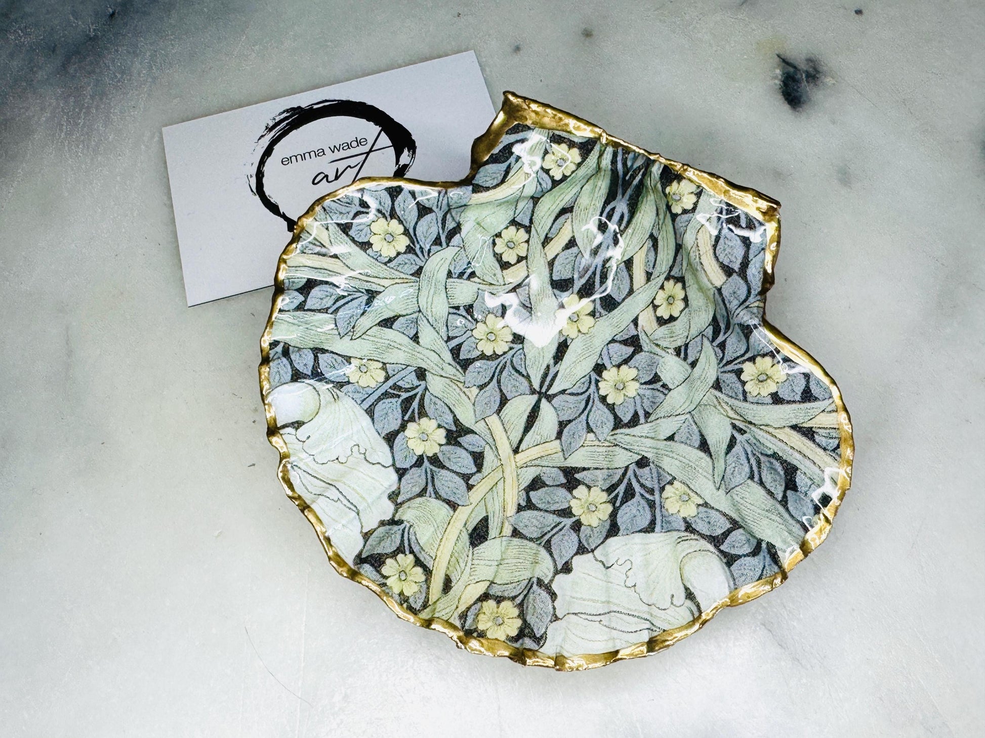 gift for her, decorated dish, jewelry trinket dish, decoupage scallop shell, handmade shell dish, shell ornament, coastal ornament, coastal gifts, coastal art, home decor, shell decorations, coastal decor, pimpernel scallop dish, gift for him, William Morris shell dish, shell trinket tray, scallop trinket tray, shell art, handmade trinket dish, gold gilded dish, proposal dish, ring bearer dish, ring tray, ocean plate, shell tray, William Morris shell dish, scallop jewelry dish