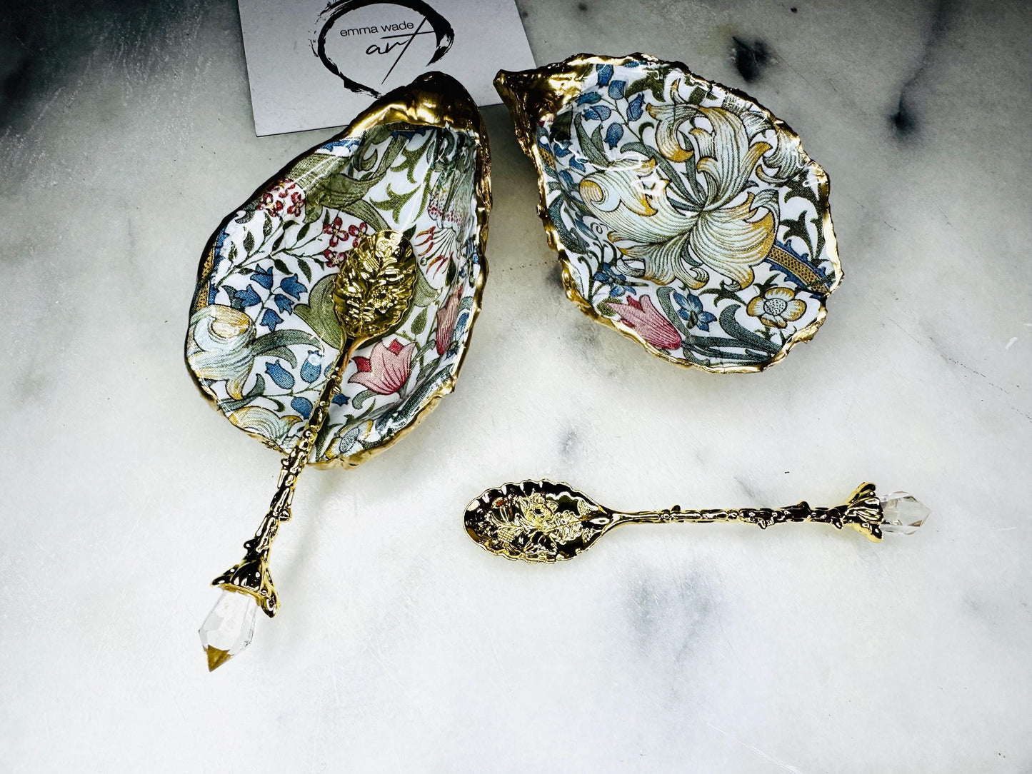 gifts for her, decorated dish, William Morris golden lily, serving dish, pinch pots, spice pots, unique wedding gift, golden anniversary, gold oyster shell, Salt anniversary, Salt cellar golden lily, salt and pepper dishes, coastal gifts, flower gift, dining decor, kitchen decor, gift for mum, William Morris gift, EmmaWadeART, cruet set, host gift, seashell gift, salt dish, new home gift, oyster shell dish, golden shell dish, salt pepper pinch pots, golden lily oyster dish