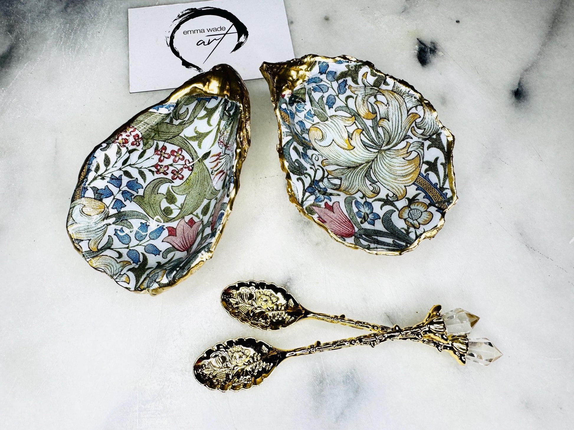 gifts for her, decorated dish, William Morris golden lily, serving dish, pinch pots, spice pots, unique wedding gift, golden anniversary, gold oyster shell, Salt anniversary, Salt cellar golden lily, salt and pepper dishes, coastal gifts, flower gift, dining decor, kitchen decor, gift for mum, William Morris gift, EmmaWadeART, cruet set, host gift, seashell gift, salt dish, new home gift, oyster shell dish, golden shell dish, salt pepper pinch pots