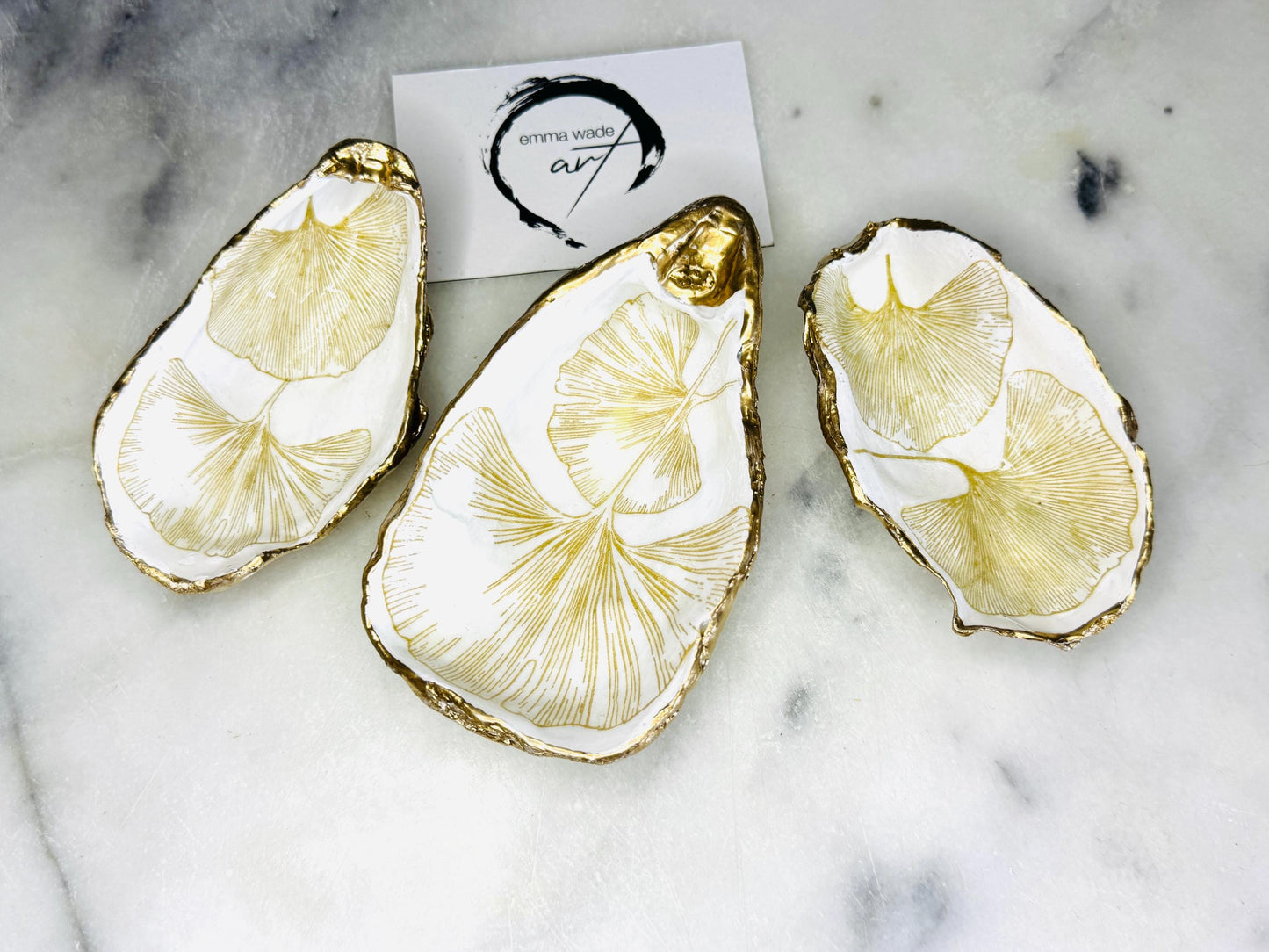 Japanese Gingko oyster shell dish, gold leaf ring holder, trinket dish, jewellery storage, handmade Dorset oyster ornament, coastal home decor, oyster shell wedding gift, salt and pepper pinch pot, tea light holder, spoon rest, eco-friendly oyster shell, unique handmade oyster dish UK, anniversary gift, bridal shower favour, nautical bathroom accessory, artisan oyster shell keepsake.