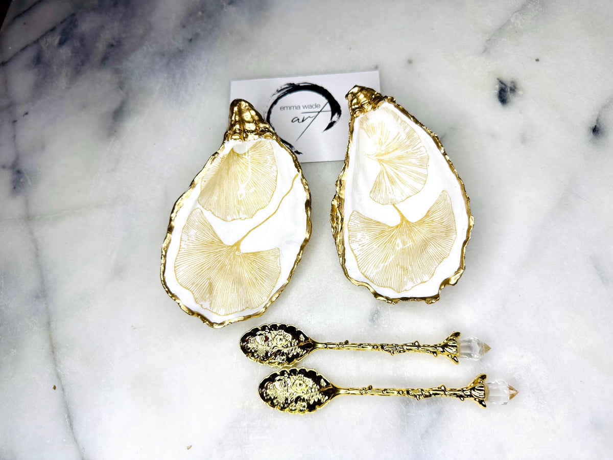 Pair of Gold white Gingko Flower Oyster salt Dishes, Seashell salt dish, shell salt, oyster salt tray, salt and pepper shell, salt and pepper shell box, oyster shell salt and pepper, sea shell salt, Gingko gold gilded shell dish set, seashell salt holder, oyster shell sugar dish, oyster salt dish, oyster pinch bowl, salt crystal bowl, shell salt dish, oyster salt cellar, oyster salt and pepper holders, salt and pepper dish set, Host Gift, Dining Decor, white And gold Contemporary pinch pots